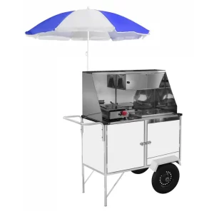 Carrinho 2 em 1 Cefaz Hot Dog e Lanche Luxo Branco com Rodas Pneumáticas e Guarda Sol BL10P/GS