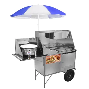 Carrinho 3 em 1 Cefaz Hot Dog Lanche e Salgado Luxo Inox Rodas Pneumáticas e Guarda Sol L28P/GS